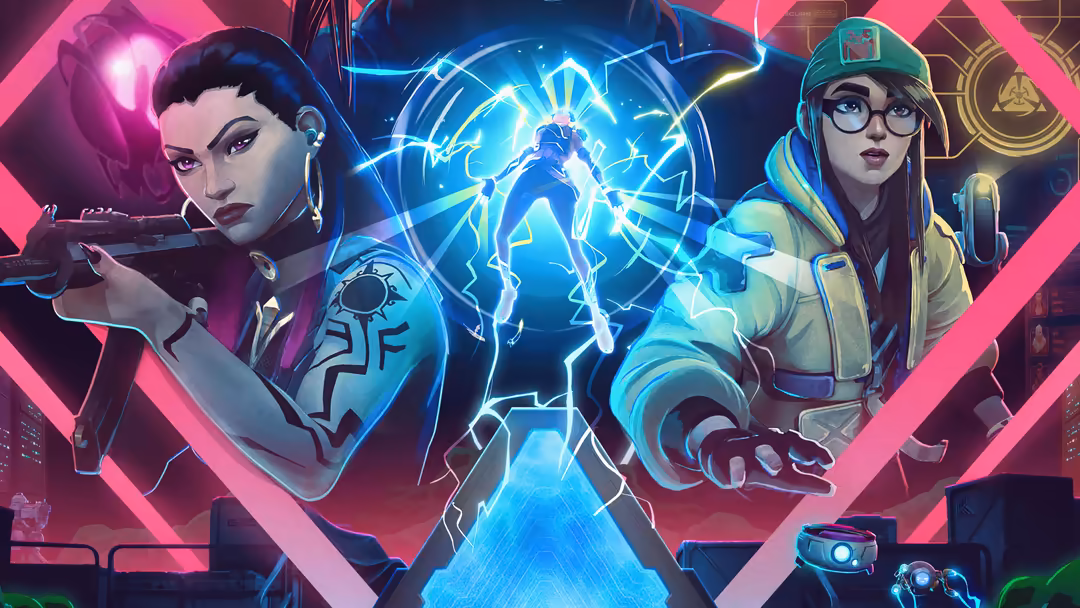 Vibrant cyberpunk illustration of Valorant agent Reyna with neon pink and blue lighting, surrounded by glowing energy effects