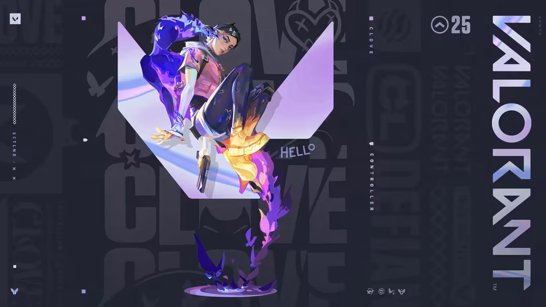 Neon-lit character Clove from Valorant in vibrant purple and yellow energy effects on dark background with geometric shapes