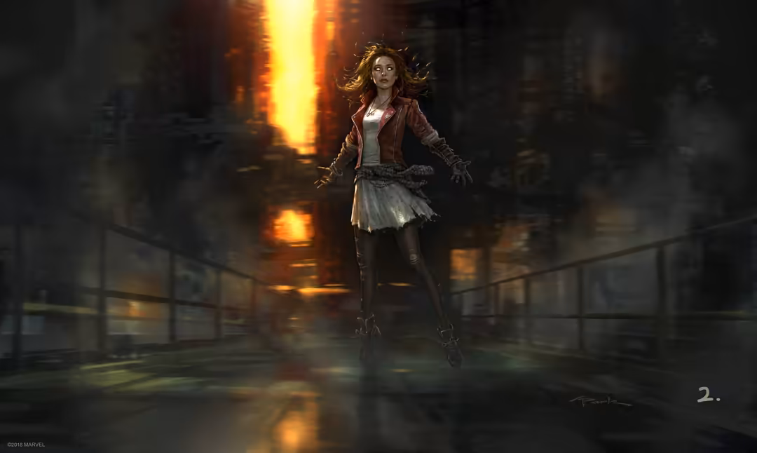 Woman with reddish hair in burgundy jacket and skirt stands on urban bridge surrounded by glowing orange light and motion blu