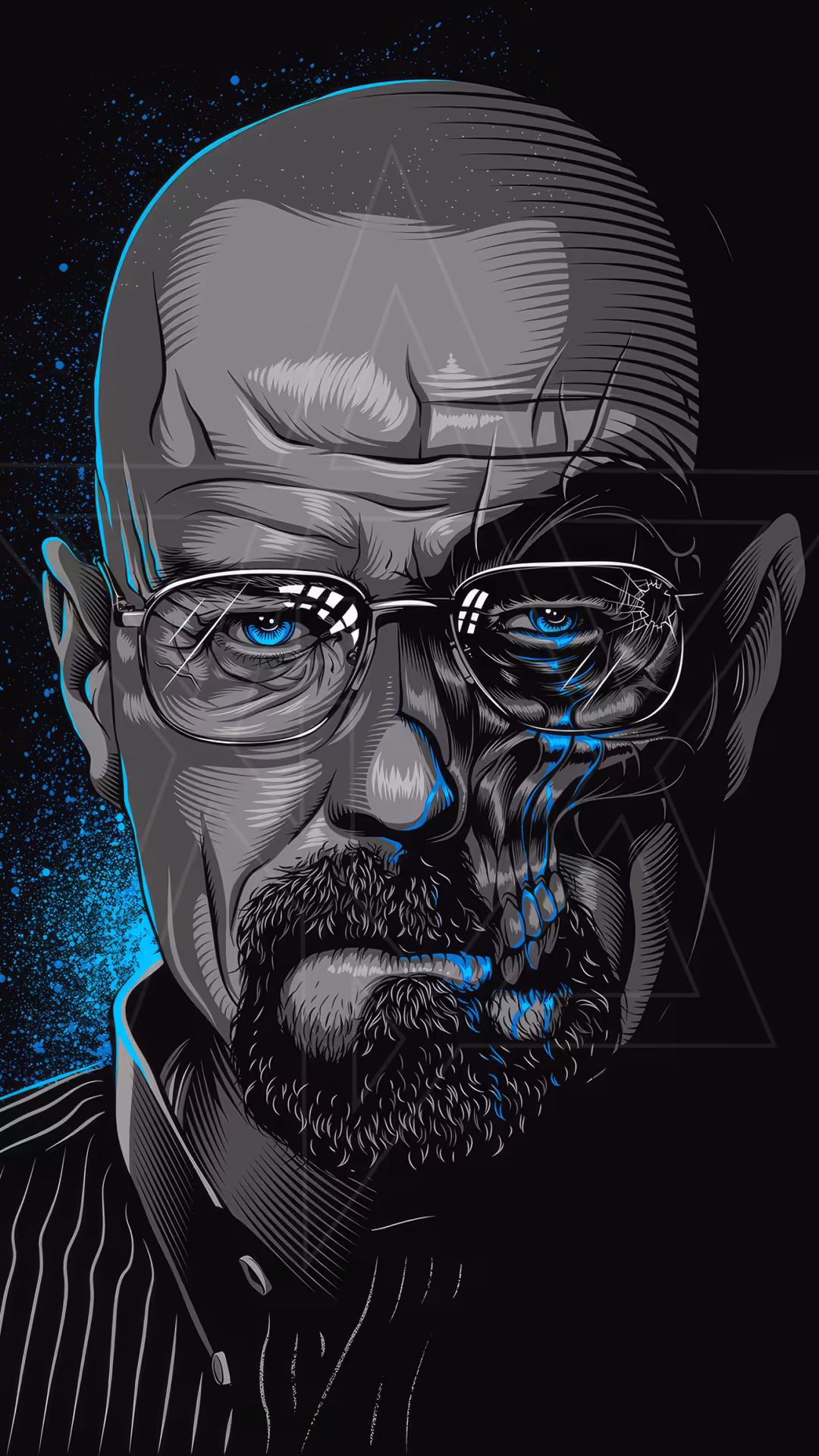 Stylized portrait of a bald man with glasses and dark beard, featuring blue glowing accents and neon lines on black backgroun