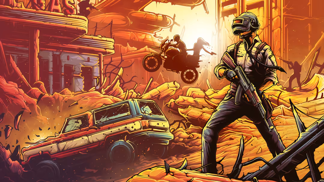 Armed soldier in tactical gear stands amid explosive desert wasteland with burning vehicles, neon signage, and motorcycle jum