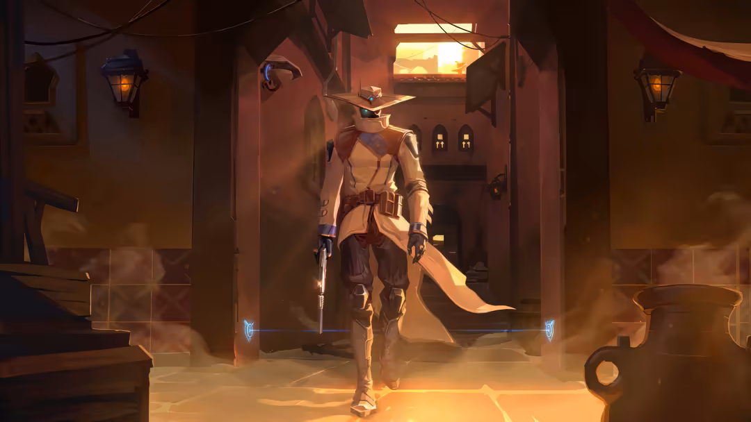 Cypher character from Valorant standing in a desert fortress environment with warm golden lighting and dramatic shadows, hold