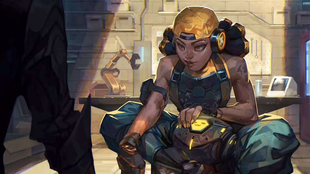 Raze from Valorant sitting in a futuristic tech-filled room, wearing tactical gear with gold accents and headphones