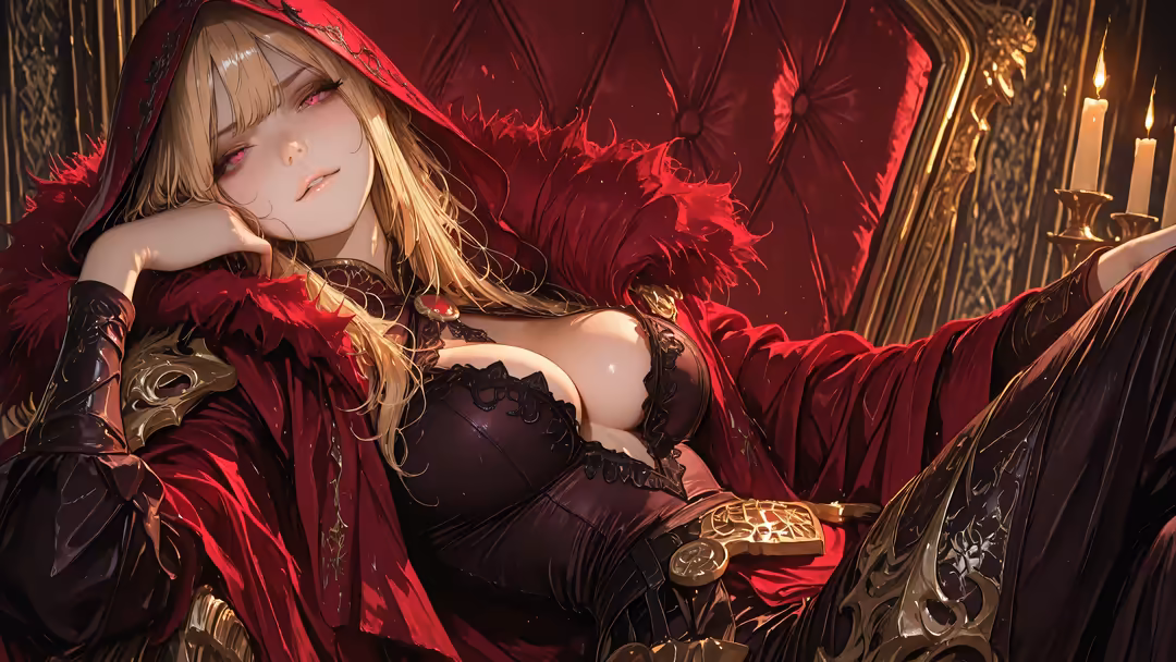 Anime girl in dark red velvet gown with gold ornate details, reclining elegantly with candlelit gothic atmosphere and luxurio