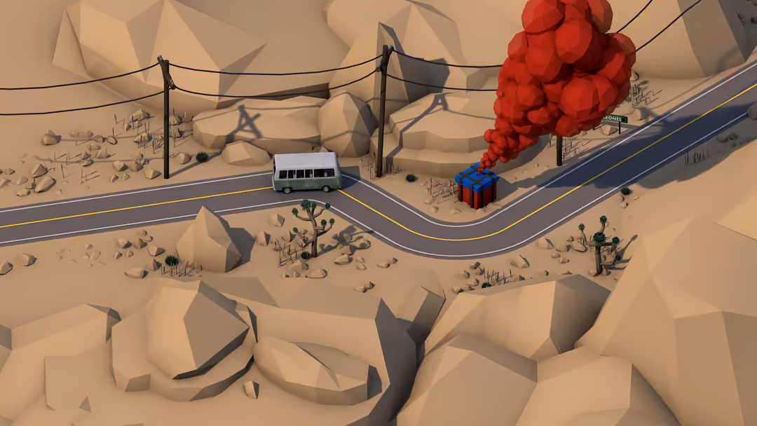 Low-poly isometric desert landscape with winding road, van, red balloons, utility poles, and geometric terrain formations