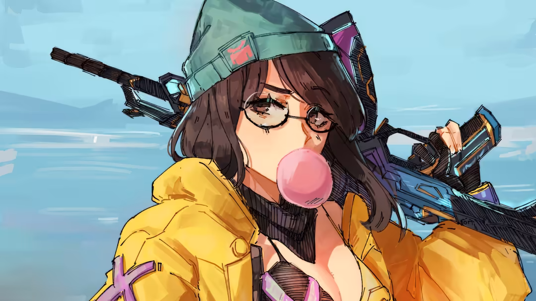 Animated character Killjoy from Valorant wearing yellow tactical gear and glasses, holding futuristic weapons against blue sk