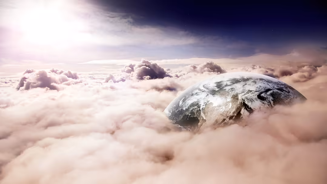 Earth viewed from space surrounded by fluffy white and pink clouds with dramatic lighting and a beautiful purple-hued sky in