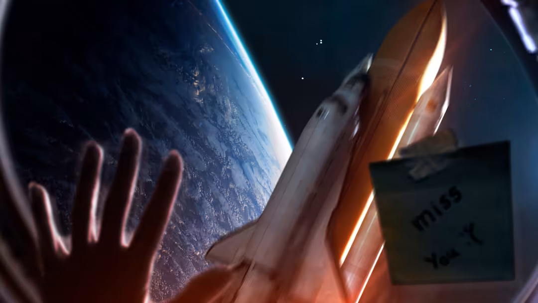 A hand reaches toward Earth from a spacecraft as a glowing rocket launches into the starry cosmos above the planet
