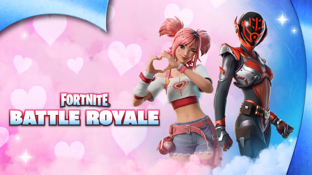 Fortnite Battle Royale characters with pink heart background and blue sky, featuring female and red-masked warrior skins
