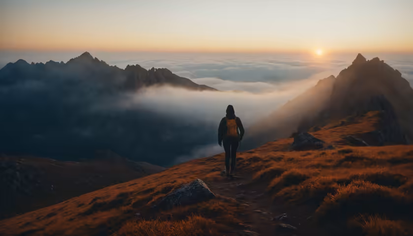 Hiker Above Misty Mountains Sunrise