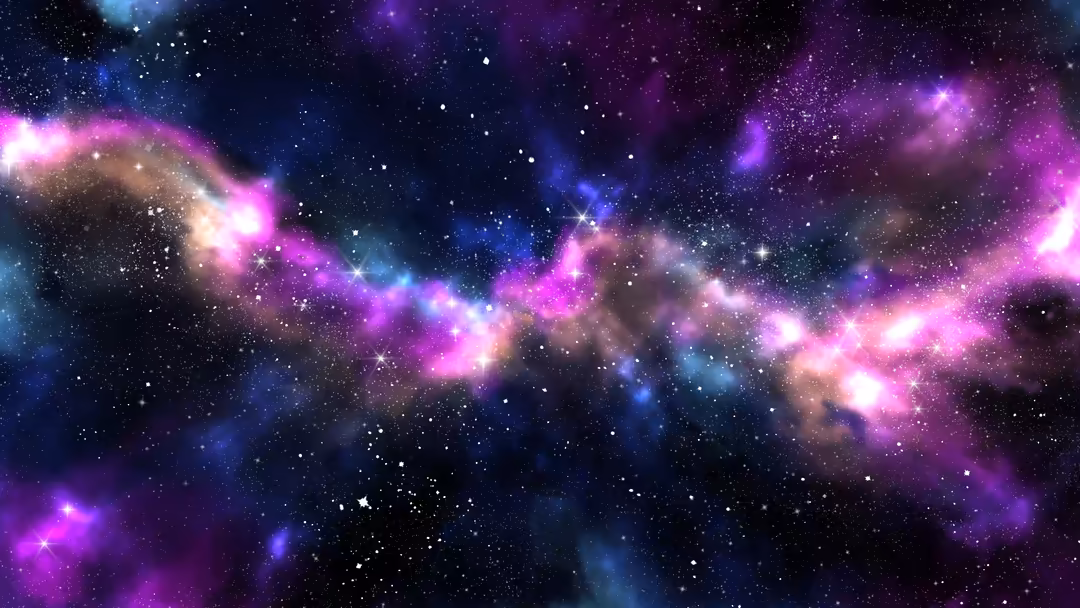 Vibrant cosmic galaxy with purple and blue nebula clouds, glowing stars, and dust particles scattered across deep space