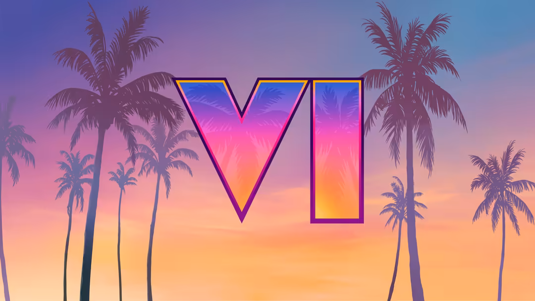 Neon glowing GTA VI text with gradient pink and orange fill, silhouetted palm trees against vibrant sunset sky, vaporwave aes