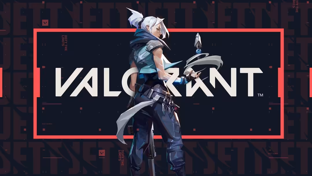 Valorant agent with white spiky hair and blue tactical gear wielding a curved weapon against a dark red neon cityscape backdr