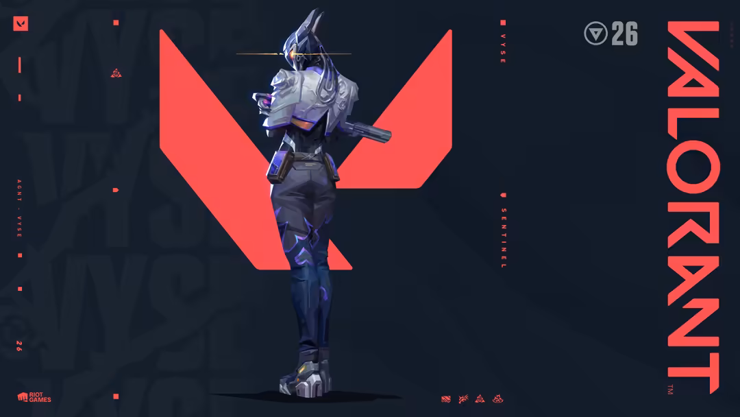 Futuristic female agent Vyse from Valorant standing confidently with weapon, neon pink geometric design elements on dark back