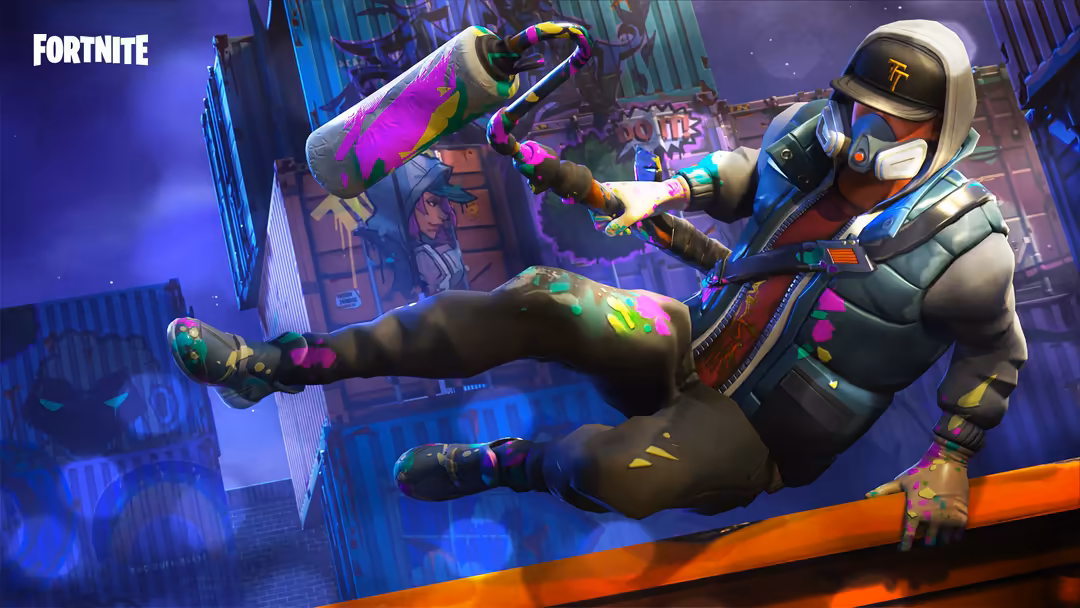 Fortnite character in futuristic armor with neon pink and cyan weapons performing dynamic aerial kick pose above neon-lit urb