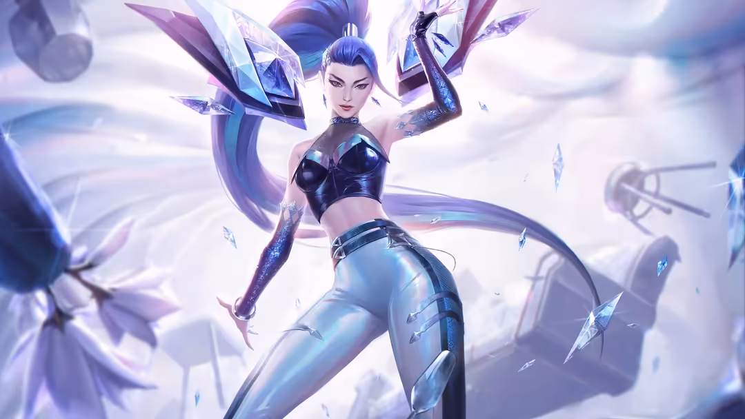 Kai'Sa fantasy warrior in sleek black armor surrounded by glowing purple and blue crystal shards against a cloudy sky backdro