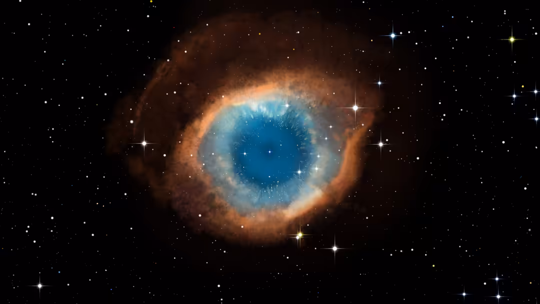 A striking helix nebula formation resembling a cosmic eye with blue center and golden-brown rings, surrounded by countless st