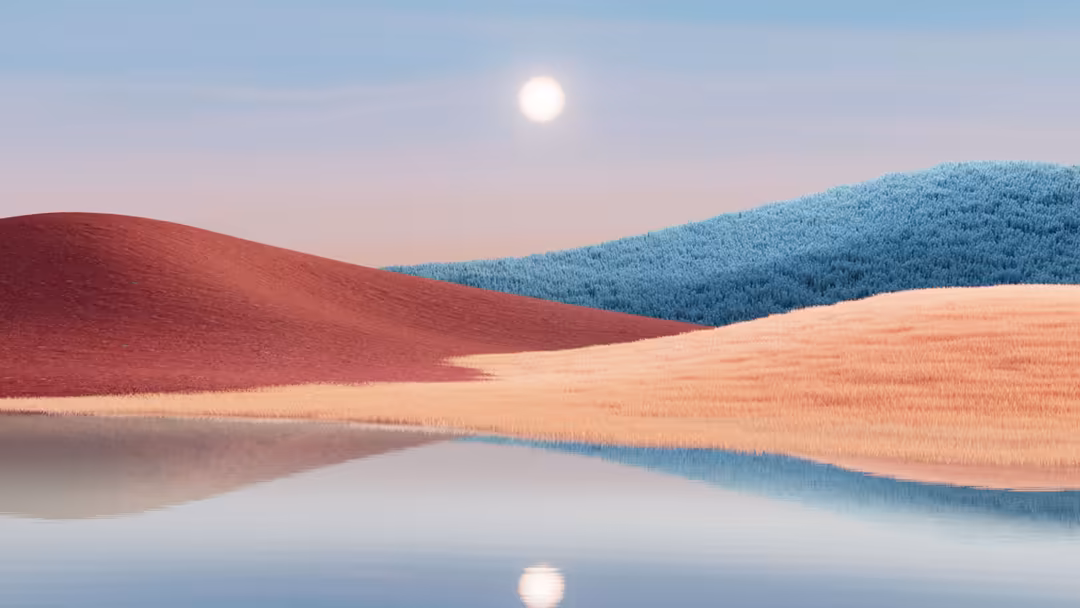 Tranquil mountain lake with forested hills reflected in still water under a soft glowing moon, featuring warm peach and cool