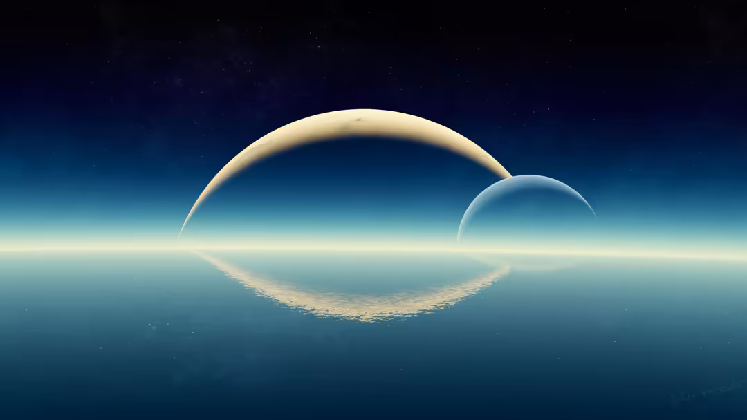 Two glowing planets orbiting together in a starry cosmic landscape with atmospheric glow and a reflective ocean below