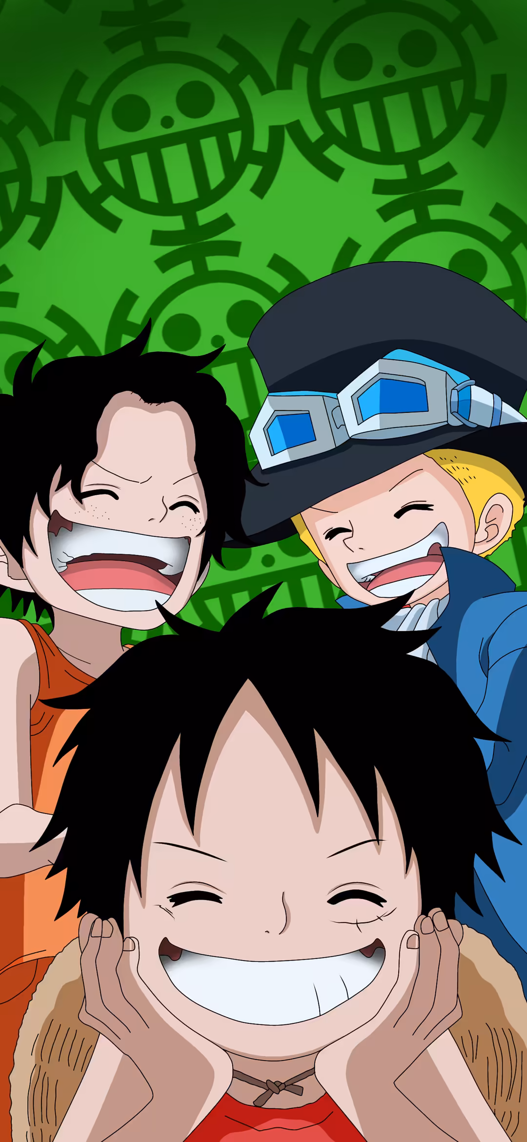 Anime character Monkey D. Luffy with wide joyful smile, black spiky hair, wearing straw hat with companion characters in back
