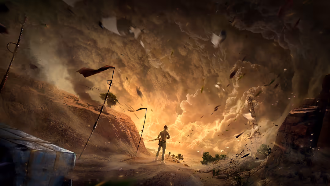 Soldier standing in desert wasteland with massive dust storm clouds and debris flying overhead, dramatic apocalyptic game sce