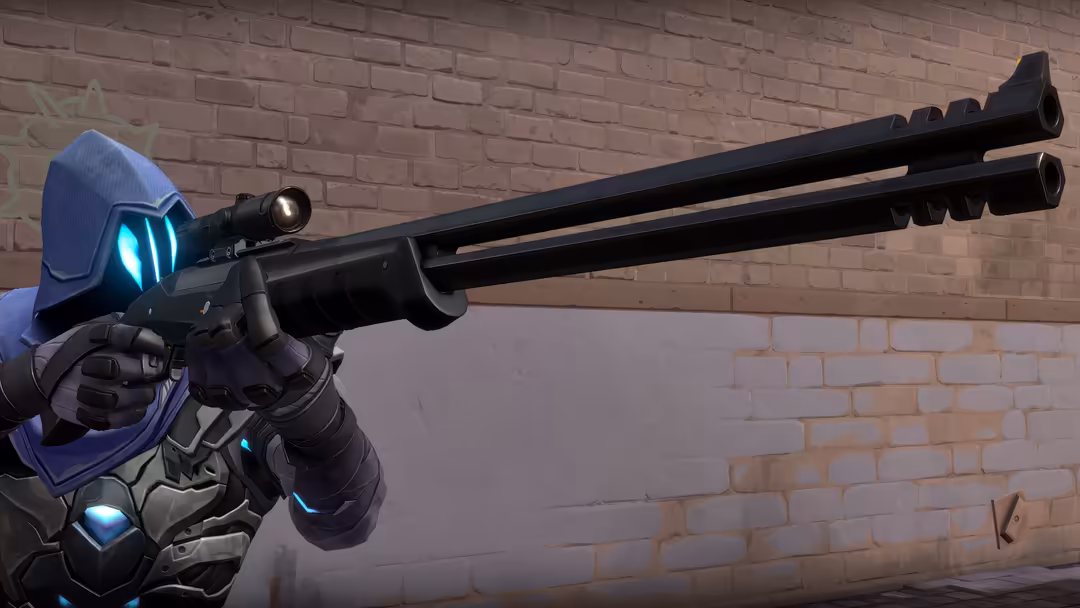 Armored character with glowing blue visor aims long-range sniper rifle against brick wall background in dark cyberpunk settin