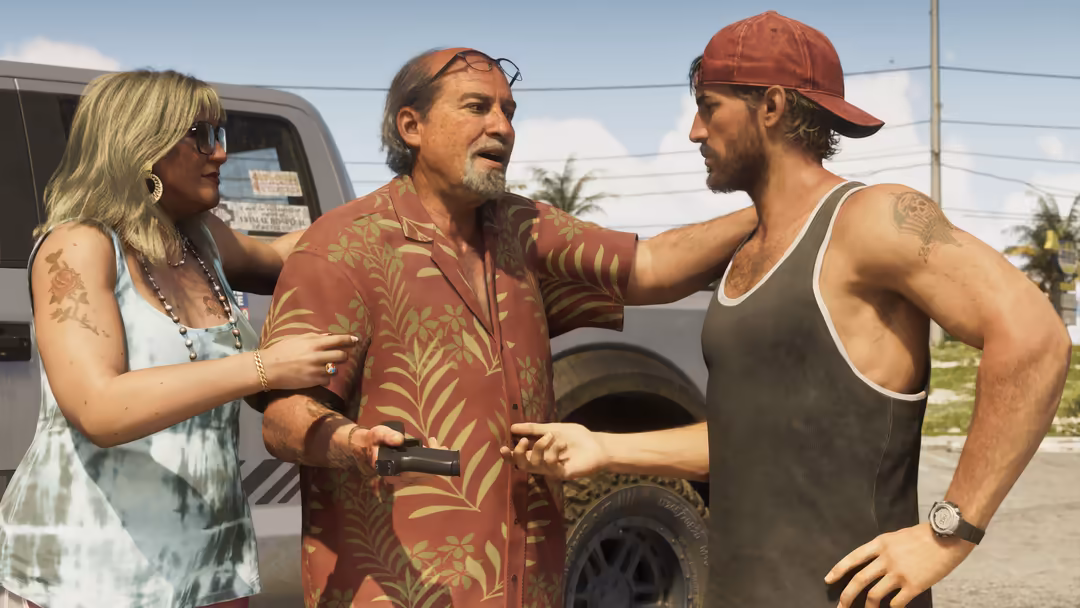 Three characters in casual beachwear having a tense confrontation near a van on a sunny tropical street with palm trees and p