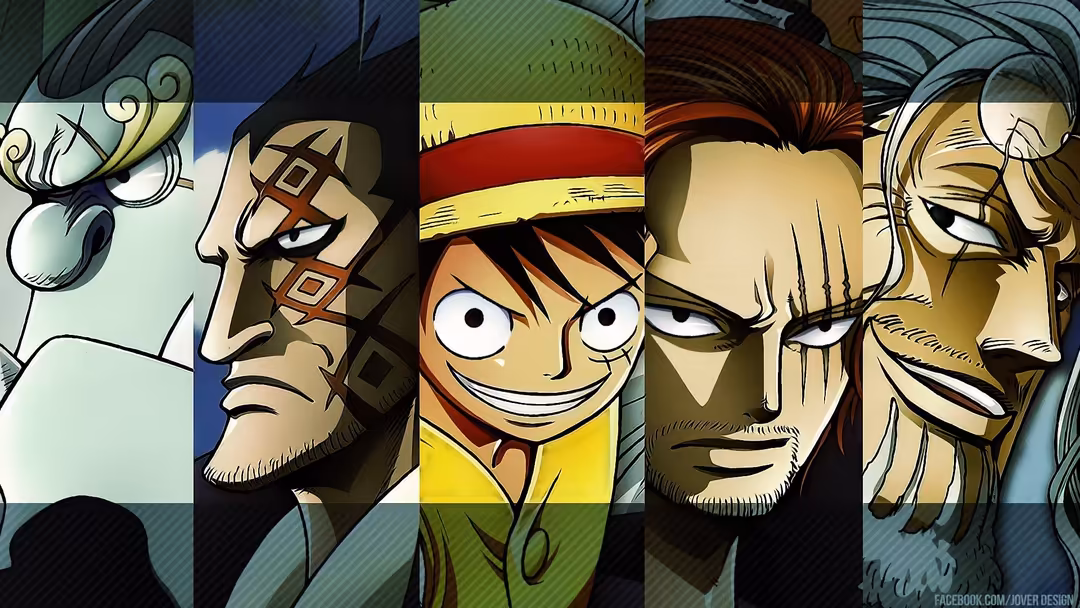 Colorful anime-style portrait panels featuring Monkey D. Luffy with crew members, bold outlines and vibrant expressions
