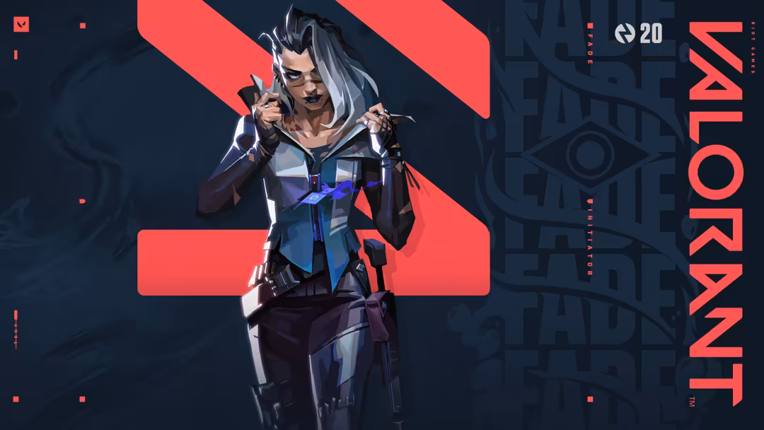 Fade, a Valorant agent with silver hair and sunglasses, wearing futuristic tactical gear with glowing blue accents against da