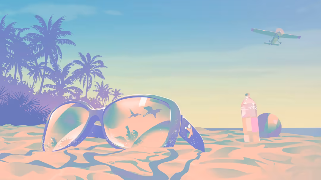 Surreal tropical beach scene with oversized sunglasses, palm trees, vintage aircraft, and pastel gradient sky in vibrant GTA
