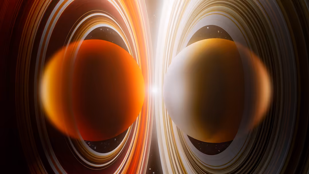 Abstract cosmic spheres with glowing orange and golden light, surrounded by concentric rings and radiant energy in a dark sta