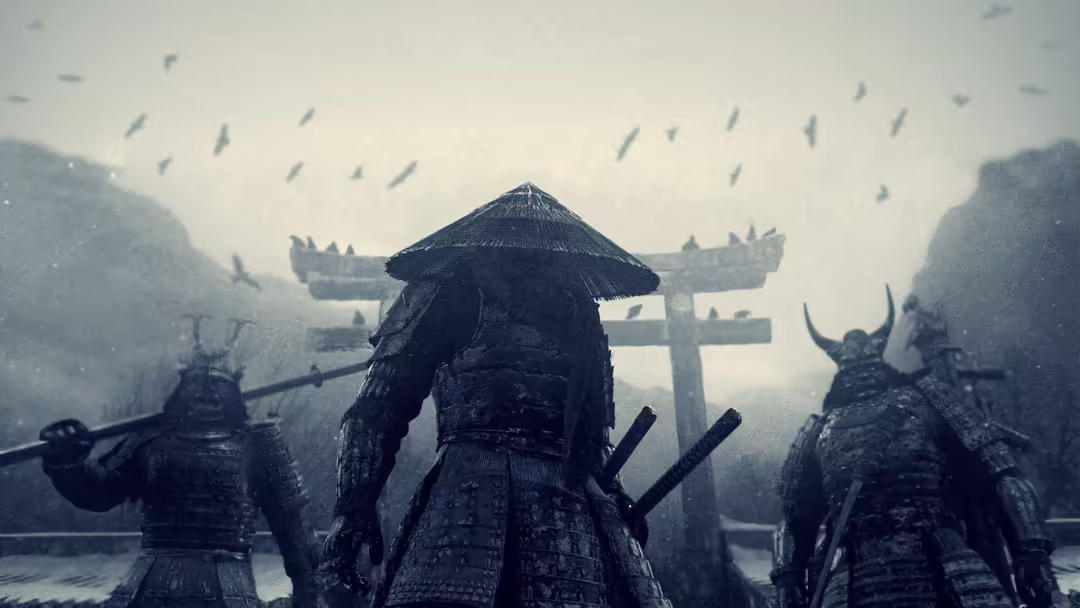 Three armored samurai warriors standing in heavy rain before a traditional Asian temple gate with dramatic foggy mountains in