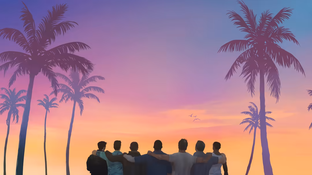 Silhouetted group of seven people standing together against a vibrant tropical sunset with palm trees framing the scene and g