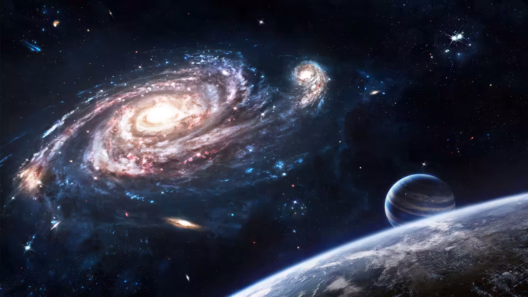 Massive spiral galaxy with glowing white core and pink-blue dust clouds orbiting in deep space, with smaller galaxies and bri