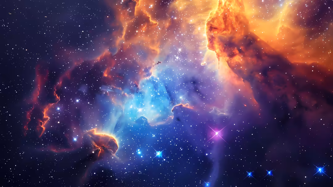 Vibrant cosmic nebula with glowing orange and blue gas clouds, bright stars scattered throughout, and interstellar dust forma