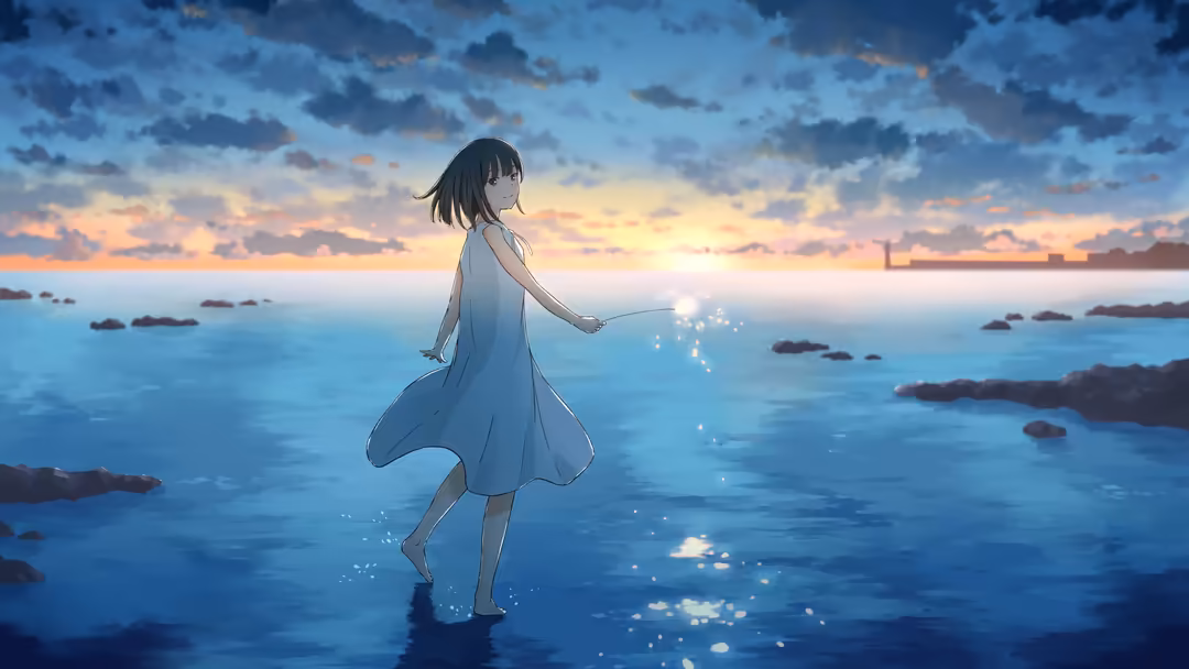 Anime girl in light blue dress standing in shallow ocean water at sunset, surrounded by sparkling water reflections and drama