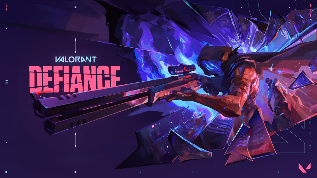Valorant Omen character wielding a futuristic rifle with neon purple and blue glowing effects against a dark atmospheric back