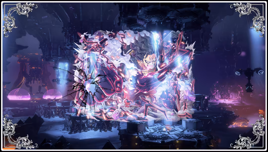 Anime character Monkey D. Luffy surrounded by explosive neon pink and blue energy with ornate baroque frame borders in cyberp