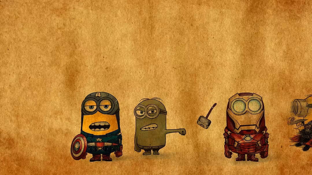 Cartoon minions dressed as Marvel superheroes including Captain America and Iron Man on a warm vintage aged paper background