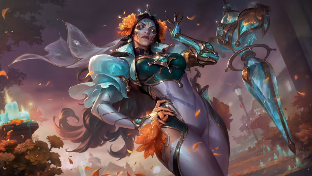 Mystical fantasy character Renata Glasc with glowing turquoise magical abilities, golden flowers, and ethereal robes in drama