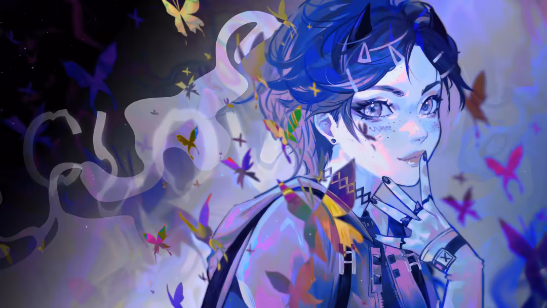 Anime-style illustration of Clove from Valorant with blue hair, colorful magical effects, and vibrant purple and gold lightin