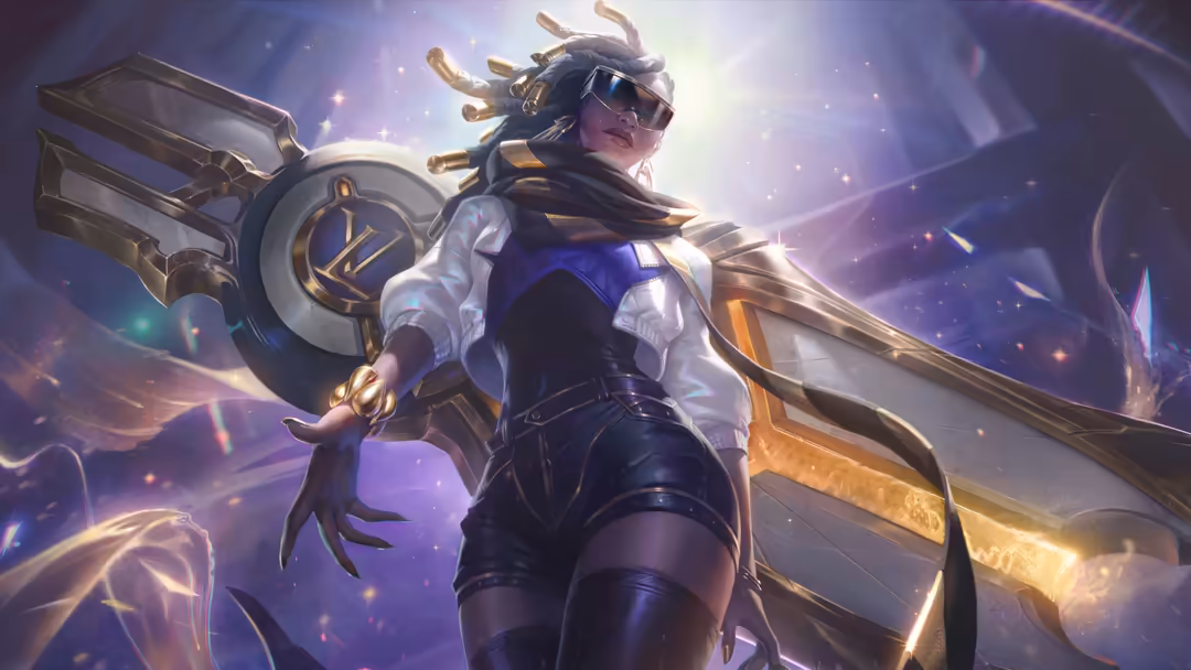 Fantasy character Senna in divine golden armor with magical staff, surrounded by glowing purple light effects and mystical en