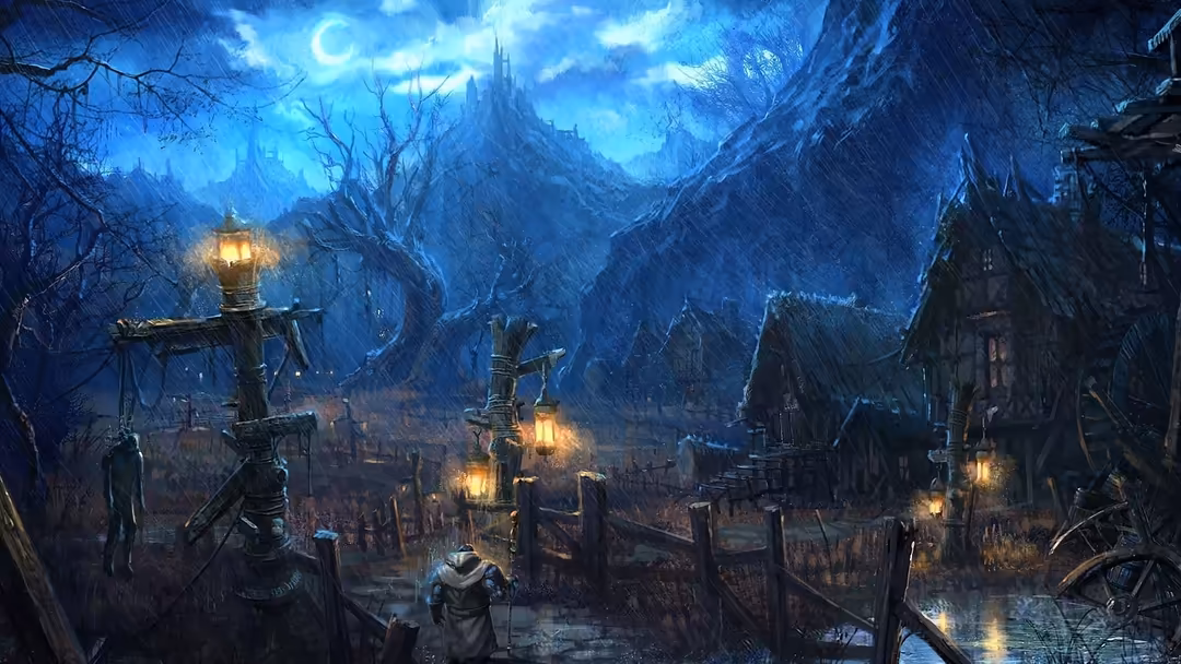 Medieval fantasy village with stone buildings and gas lanterns beneath a glowing crescent moon in a dramatic dark blue night