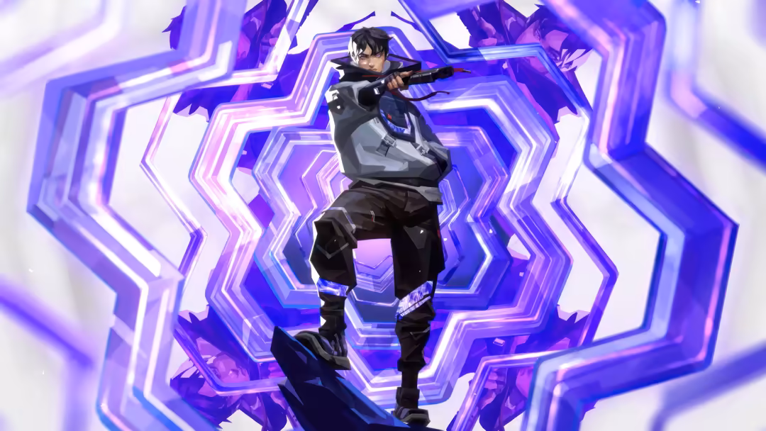 Isometric anime-style character in black tactical gear wielding a rifle, centered in neon purple geometric hexagon patterns