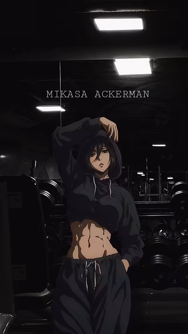 Anime art of Mikasa Ackerman posing in a dark gym, wearing a cropped hoodie and sweatpants, showcasing toned abdominal muscles.