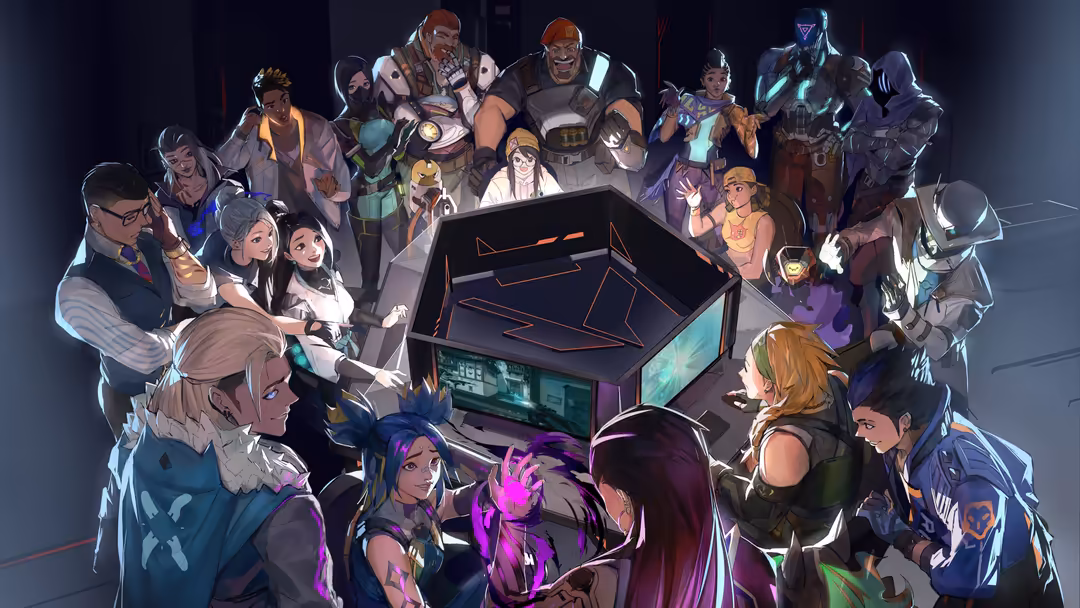 Colorful illustration of all Valorant agents gathered around a glowing device with neon accents on dark background