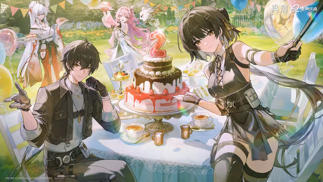Anime characters Denia celebrating with decorated birthday cake and pastries in a sunny garden setting with festive decoratio