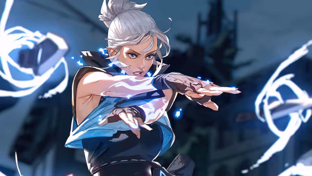 Anime-style character Jett from Valorant channeling blue energy powers with glowing orbs in a dynamic action pose