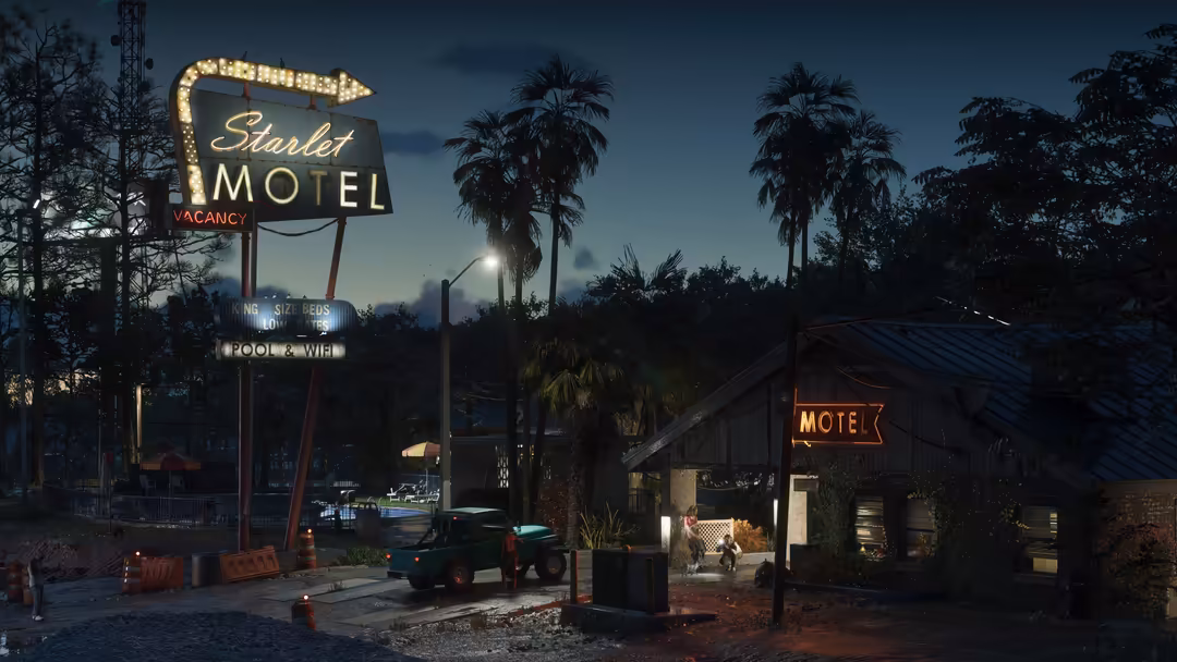 Abandoned Starlet Motel at dusk with glowing neon signs, palm trees, and vintage atmosphere in GTA VI