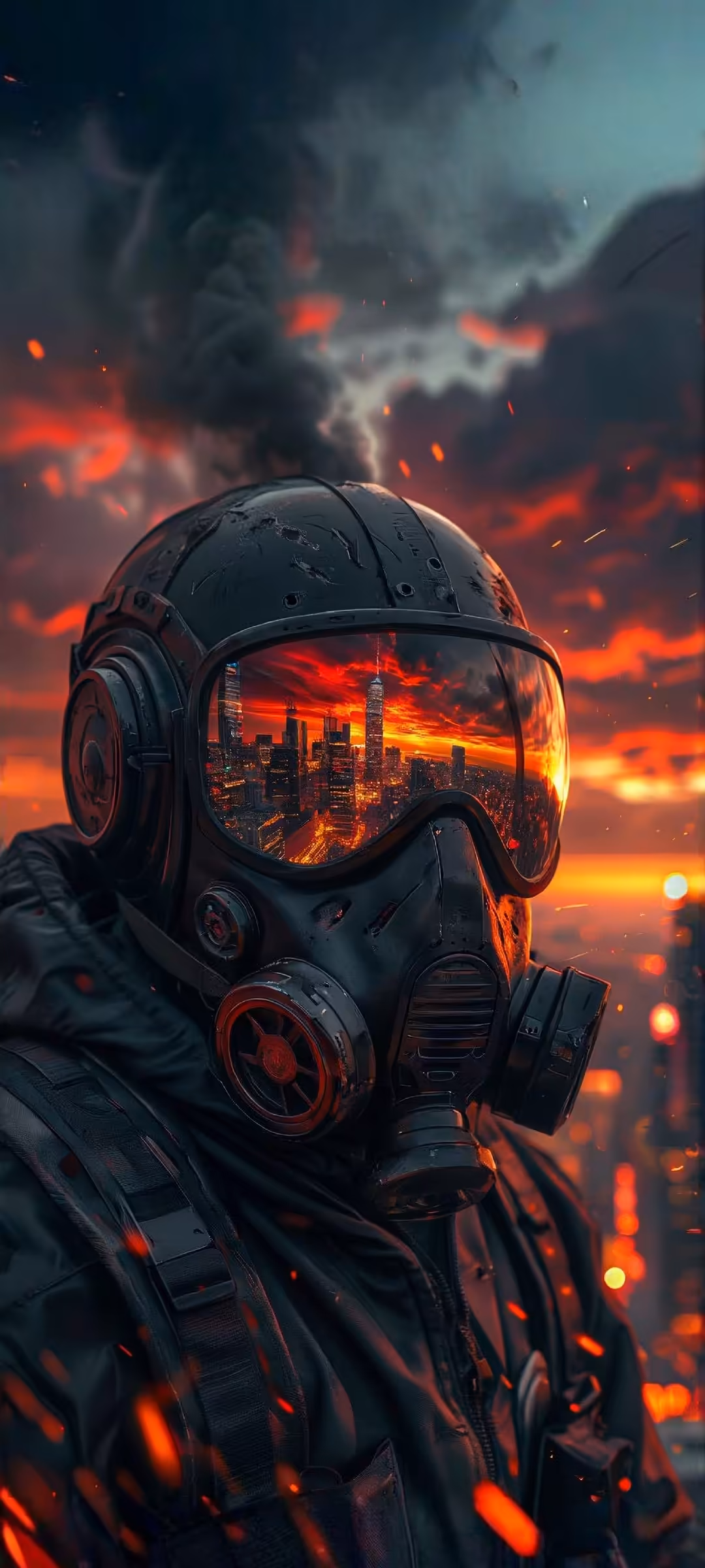 A soldier in advanced gear and gas mask reflects a burning cityscape in their visor against an apocalyptic fiery sky with smo